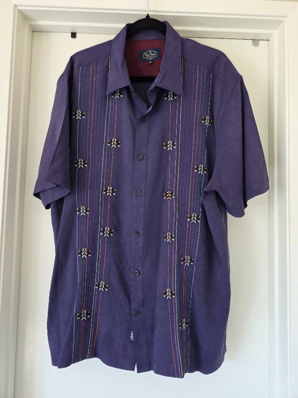 Vintage Nat Nast 100% Silk Embroidered Shirt Men Size XL Button Up Short Sleeve